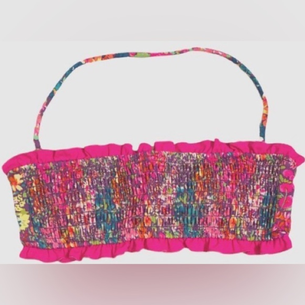 VICTORIA'S SECRET Pink Floral Ruffled Smocked bikini Top bandeau swimsuit M - Picture 1 of 13